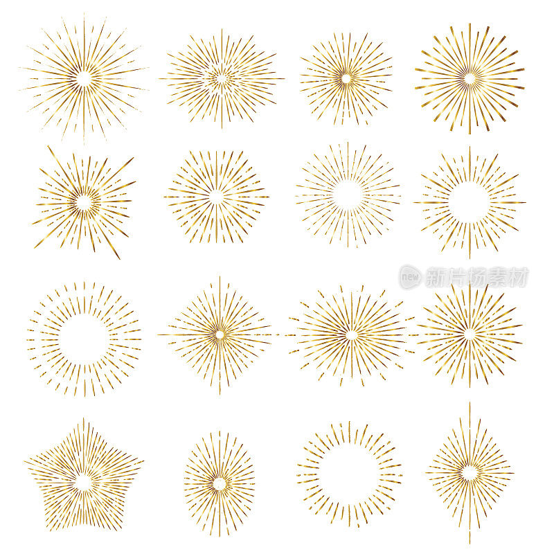 Set of gold rays design elements.
